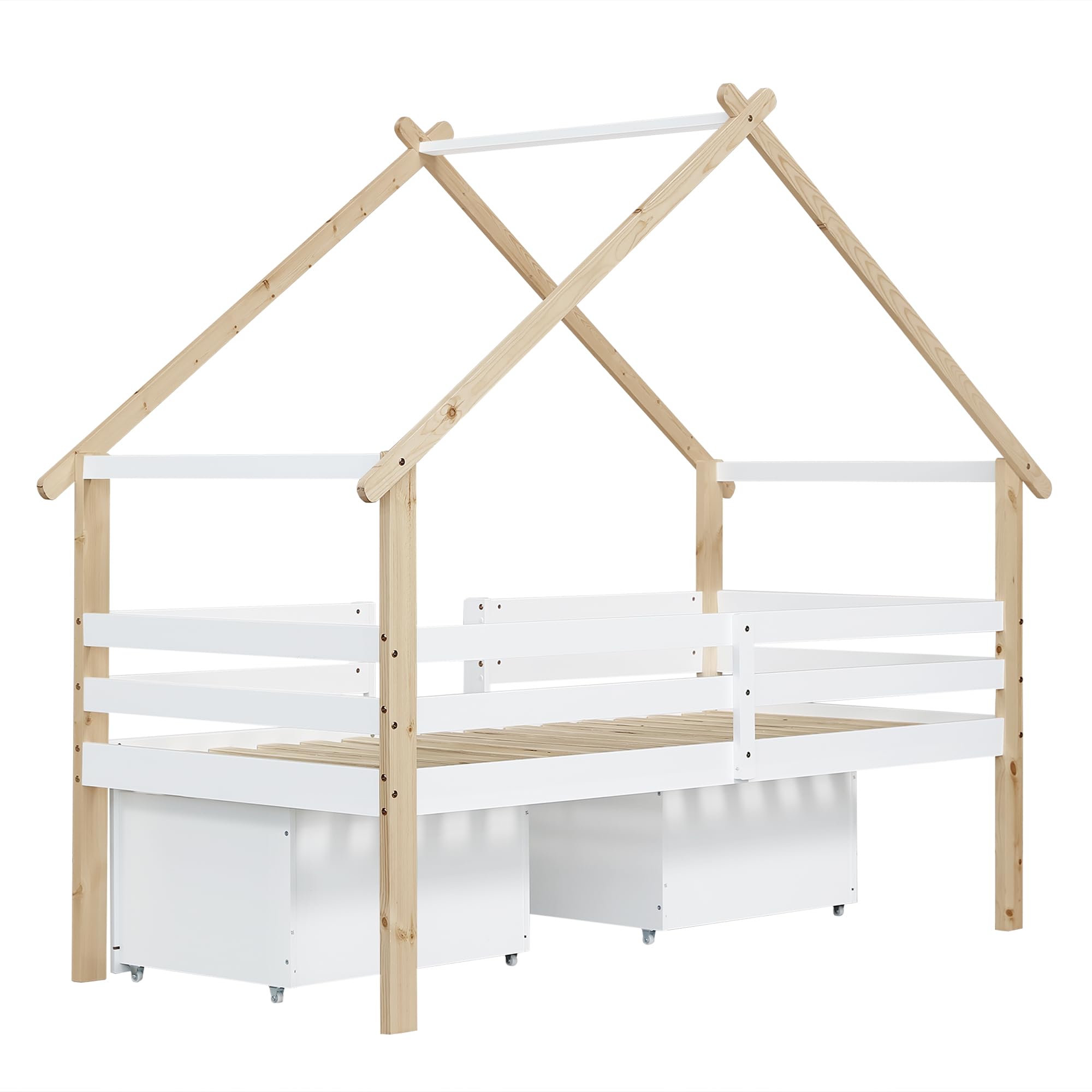Merax Kinderbett 90x200cm, Hausbett mit 2 Schubladen & Kleine Leiter, Holzbett mit Rausfallschutz, Dach & Lattenrost, Stabiles Bettenhaus mit Vierseitiger Zaun, Halbhohes Bett für Mädchen/Jungen, Weiß