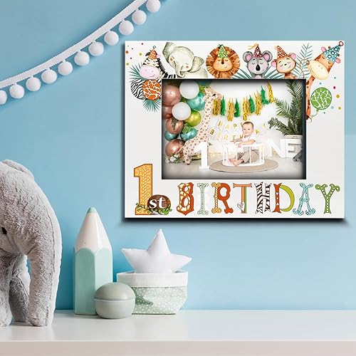 Miniatura 2 de Marco de fotos de primer cumpleaños, tema de cumpleaños de animales de safari, primer año del pequeño, marco de fotos con impresión UV (5 x 7