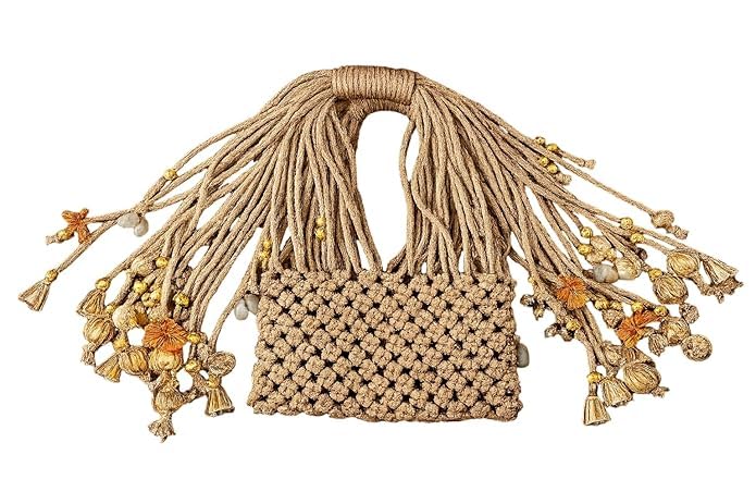 Women’s Designer Macrame Potli Bag with Ring Handle | Handmade Ethnic Clutch Purse with Hanging Tassels & Bead Accents | Wedding, Party & Festive Handbag for Women-image-0