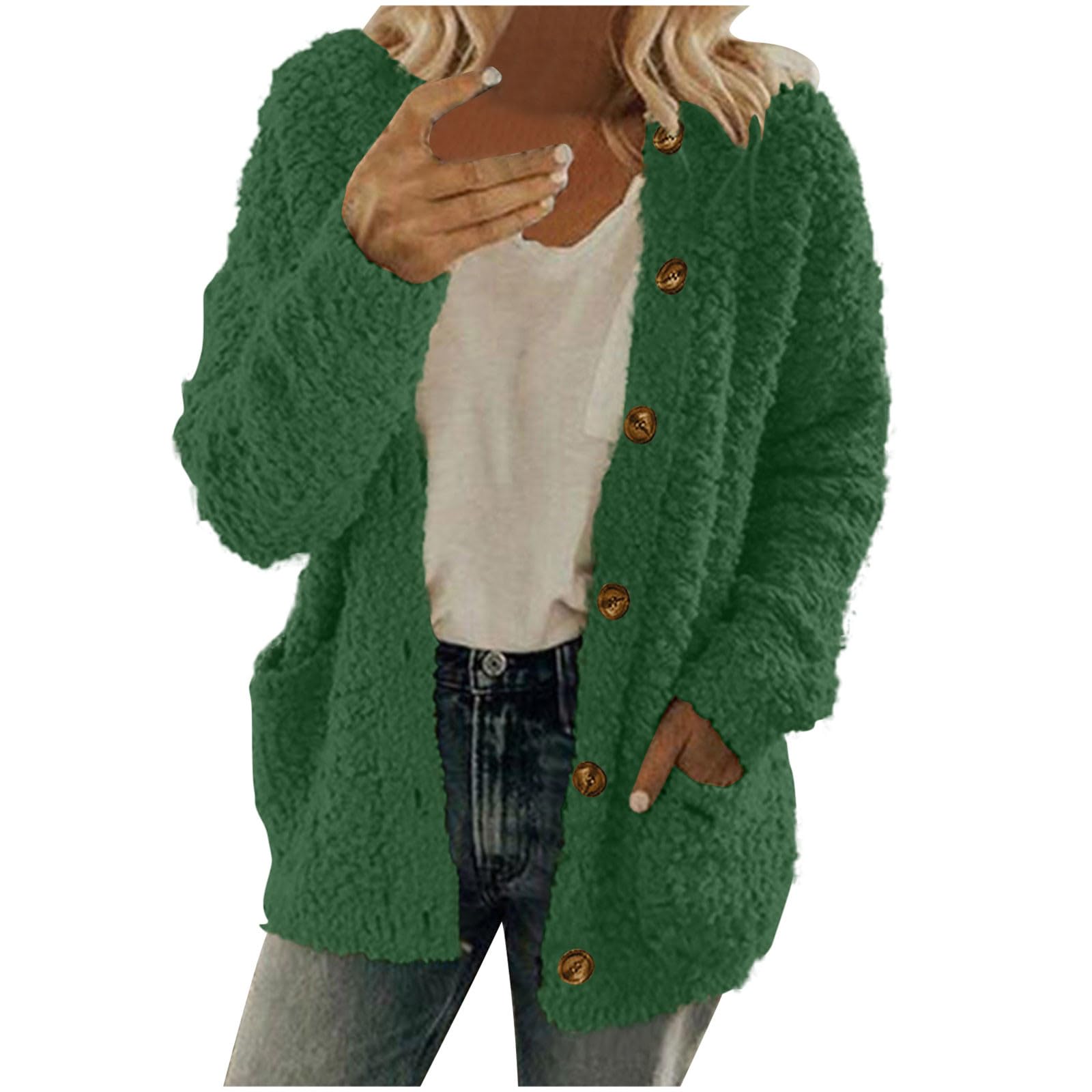 AQAYL Furry Fleece Jacket Women Elegant Open Front Cardigan Button Down Jacket Faux Fur Coat Thermal Outerwear with Pockets