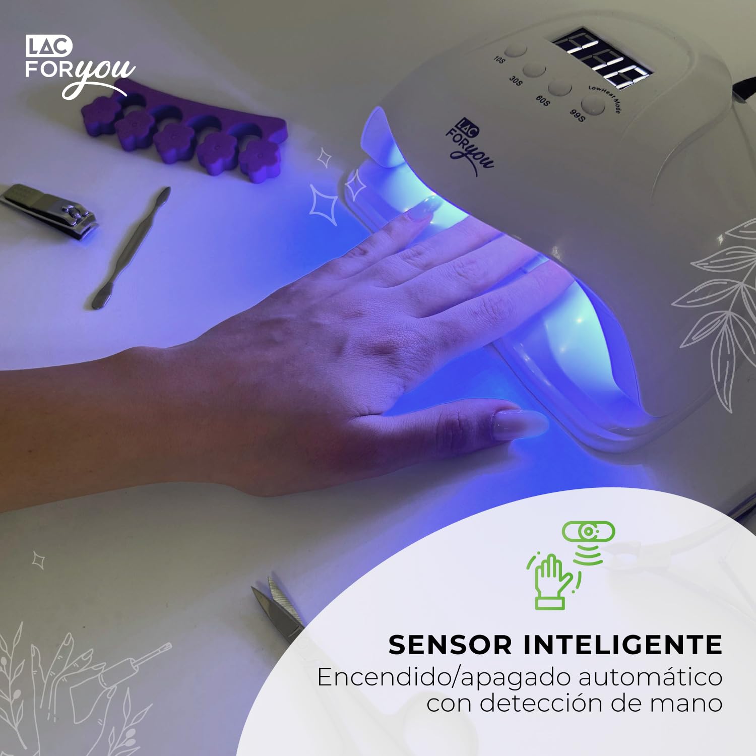 LAC FOR YOU Lampara Uñas Semipermanentes 36 LED UV LED 365/405 nm – Lampara UV Led Uñas Compacta con 4 Temporizadores Low Heat, Base Extraíble, Pantalla LCD - Nail Lamp Secador Gel