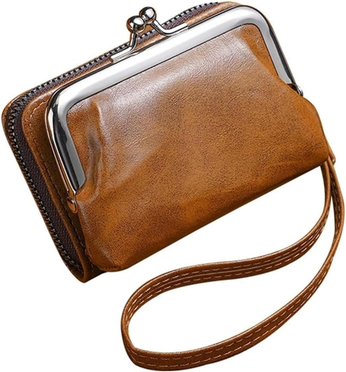 Elegant Vintage Genuine Leather Wallet with Snap Closure Zipper and Kiss Lock Coin Pouch for Women (Brown)