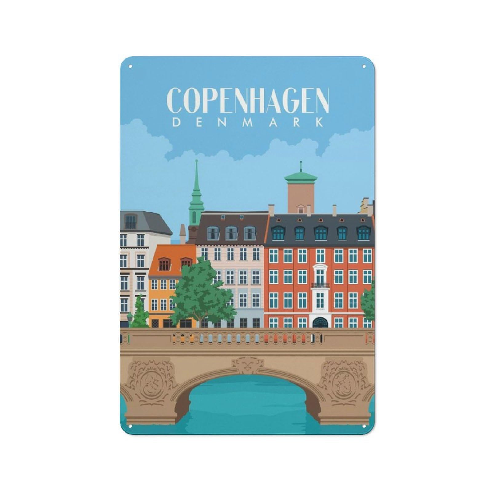 Junmoney Bridge And City Copenhagen Vintage Metal Plaque 30X20cm For Café Or Restaurant, A Decorative Gift For A Newly Furnished Café And Restaurant