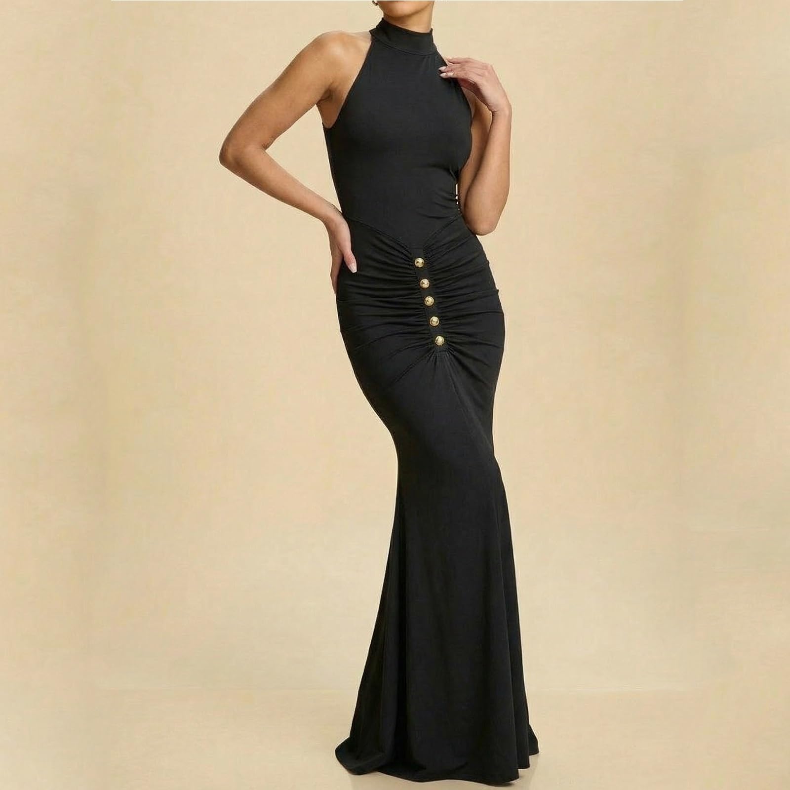 Vestido Largo Ajustado de Corte Sirena, con Cuello Halter, Pliegues En La Parte Delantera, Detalles Dorados, Espalda Descubierta, Ideal para Fiestas Nocturnas
