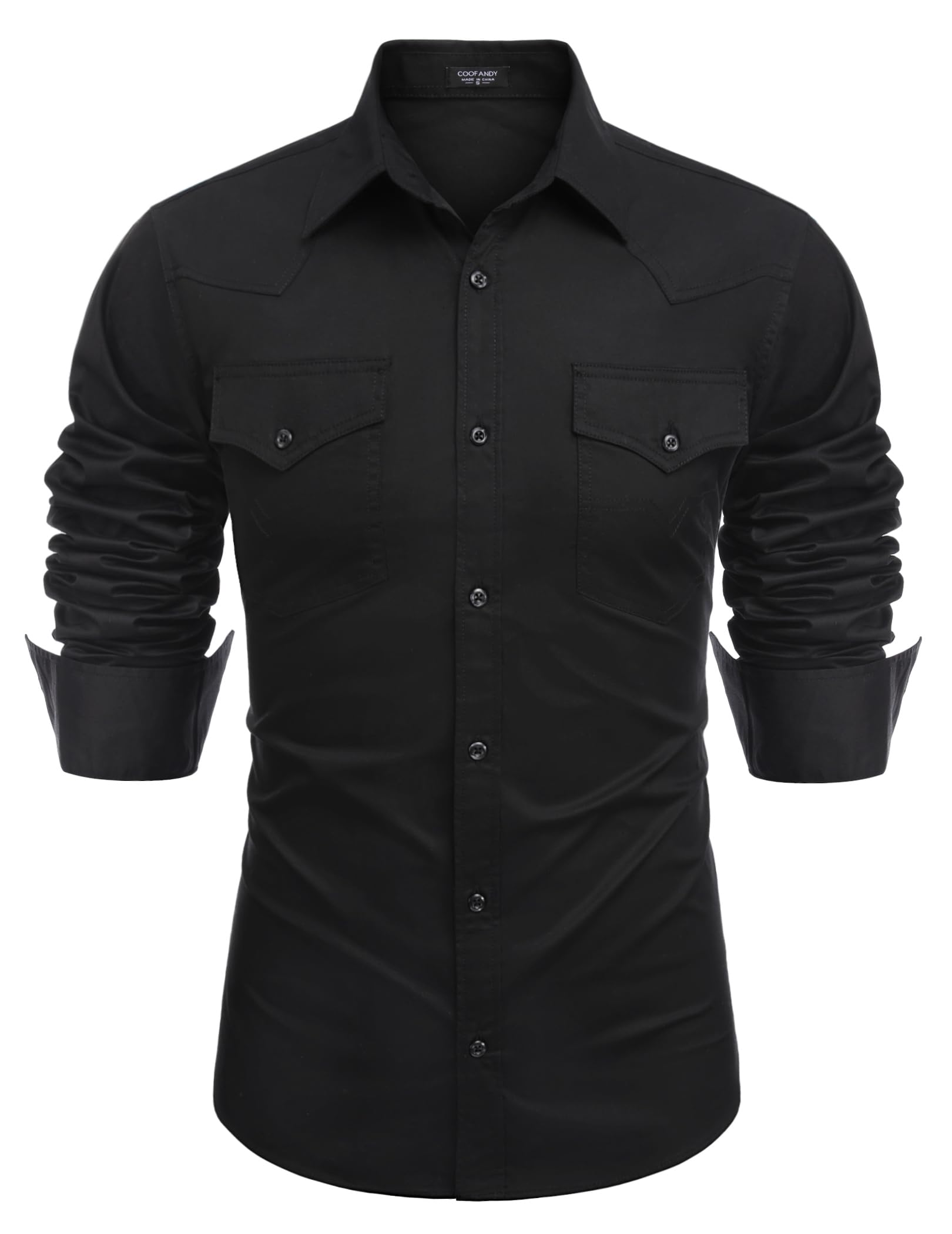 Coofandy Men's Western Cowboy Shirts Long Sleeve Cotton Casual Button Down Work Shirt with Pockets, Solid Black, Medium