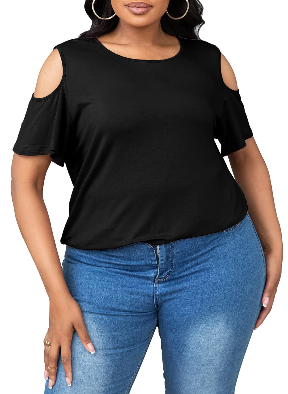 peassa Women's Plus Size Summer Blouse Casual Tops Cold Shoulder T-Shirt, 226 Black, 18 Plus