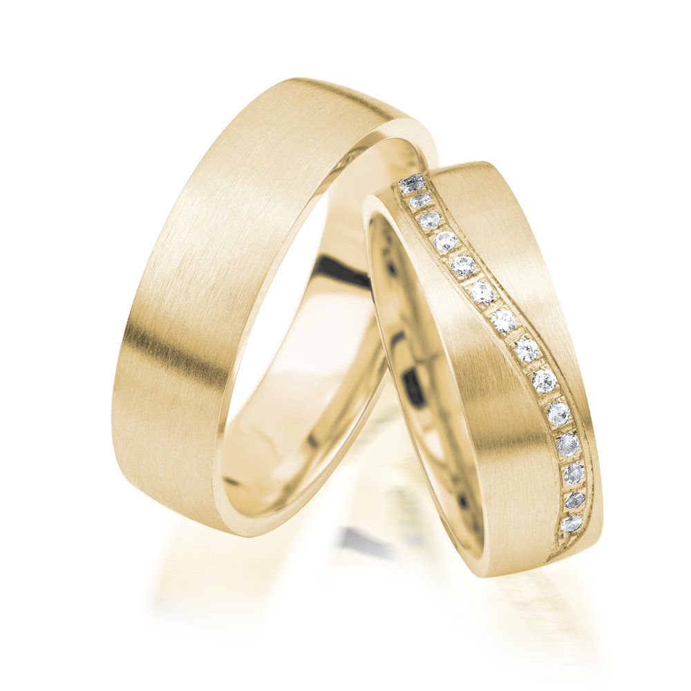 JC Trauringe 925er Sterling Silber Paarpreis I Eheringe mit kostenloser Gravur I Verlobungsringe Gold Plattiert 6 mm breit im Etui I Herren-Ring ohne & Damen-Ring mit 15 Steinen I Gr. 48 bis 72 I J302