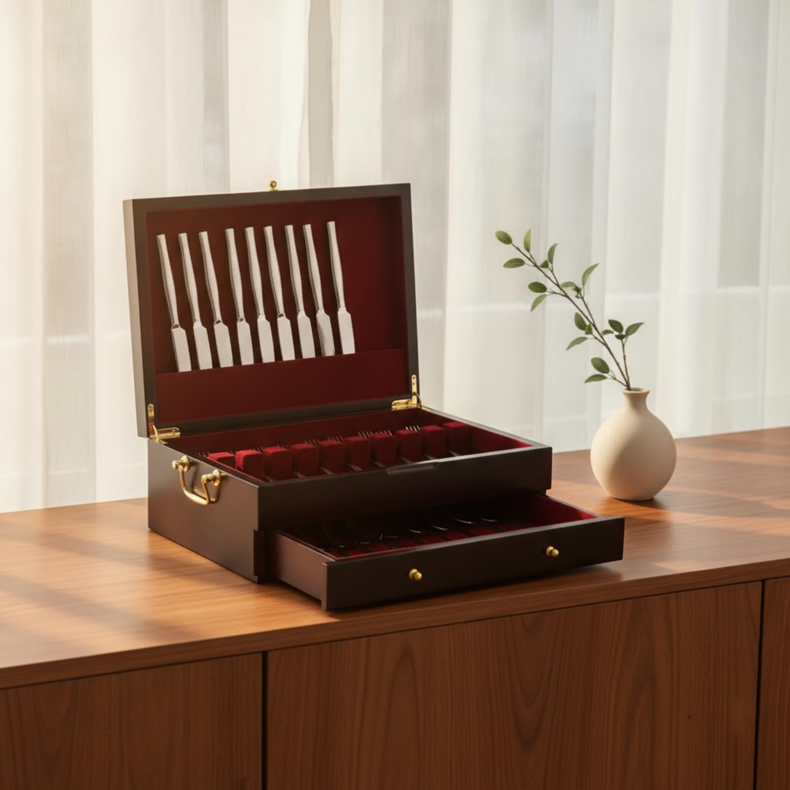 Besteckkasten Mehrlagiger Besteckkoffer Bestecktruhe Aufbewahrungsbox mit Filz Innenfutter Schublade Und Verschluss aus Holz für Esszimmer Buffet Gastronomie Umzug