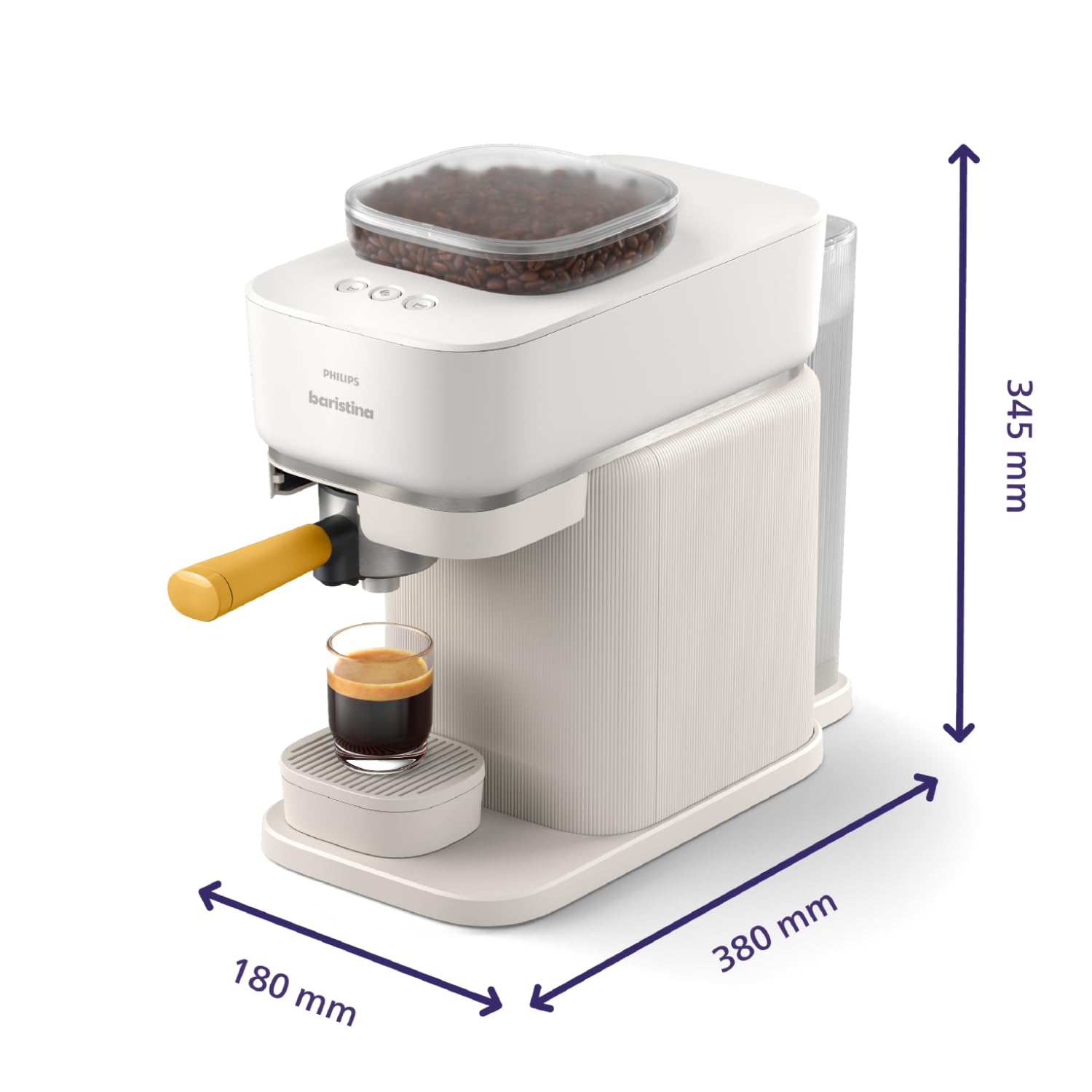 Philips Baristina Machine à expresso, Mouture, tassage et infusion automatiques, 16 bars, Expresso, Lungo, Format compact, Blanc naturel avec porte-filtre jaune, Machine à café avec broyeur BAR305/03