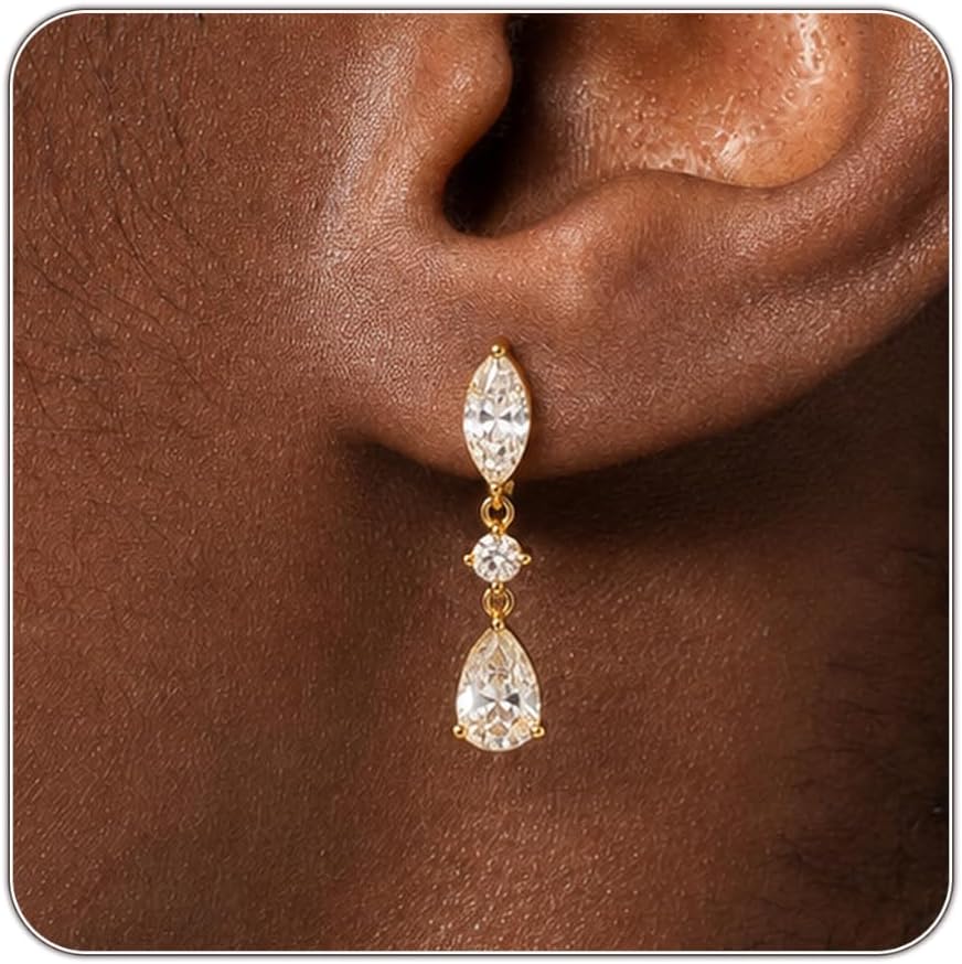 Gold Silver Dangle Earrings for Women, Dainty 14K Gold Plated Cubic Zirconia Drop Jewelry, Teardrop Bow Oval, Wedding Bridal Prom Gift