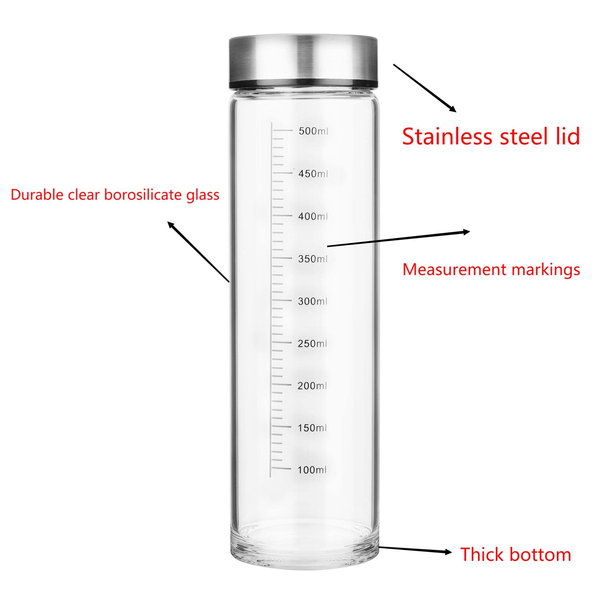 Borosilicate Glass Water Bottles Wide Mouth 4 Pack Juice Bottles with Lid for Juicing, Smoothies, Milk, Beverage Storage- 18 oz Bpa Free with Measurements Marking, Neoprene Sleeve, Stainless Steel Lid
