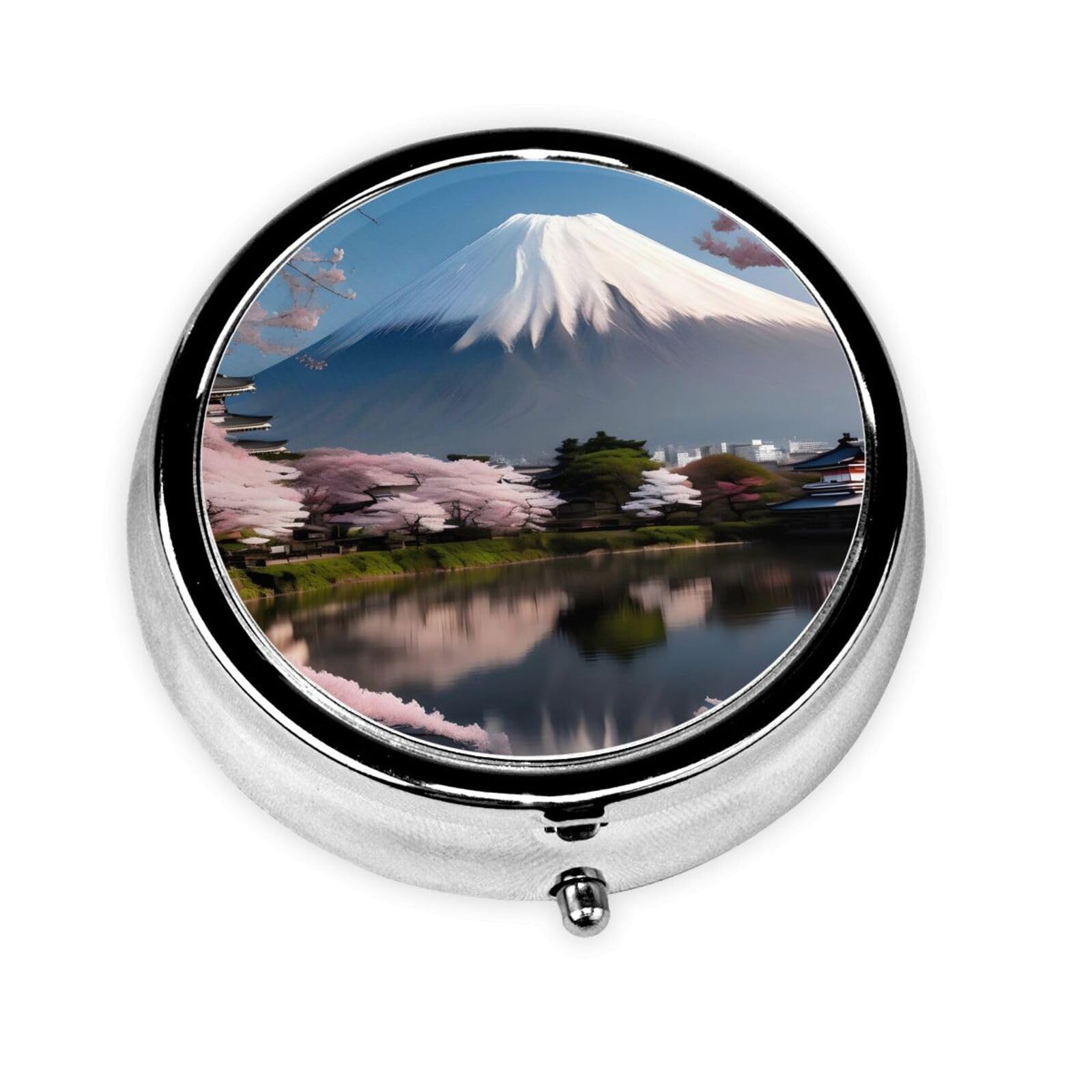 Cute 3-Compartments Round Pill Box Mt. Fuji in Early Spring Small Pill Case Portable Medicine Dispenser,for Pocket Purse