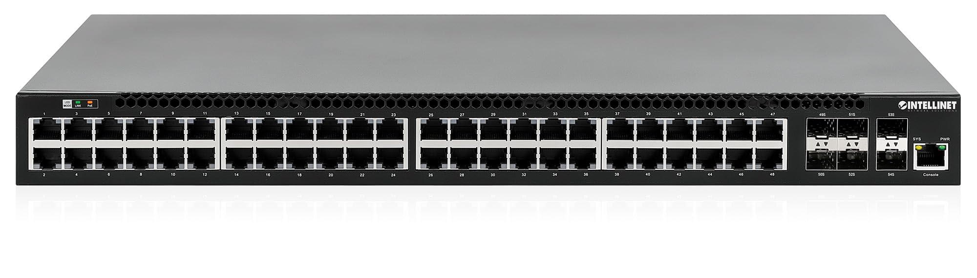 Intellinet 54 Port L3 Managed PoE+ Ethernet Switch - with 48 Poe Ports and 6 SFP+ Uplinks, 850W Power Budget, 30W per Port, Self-Healing, Cloud Management, 19