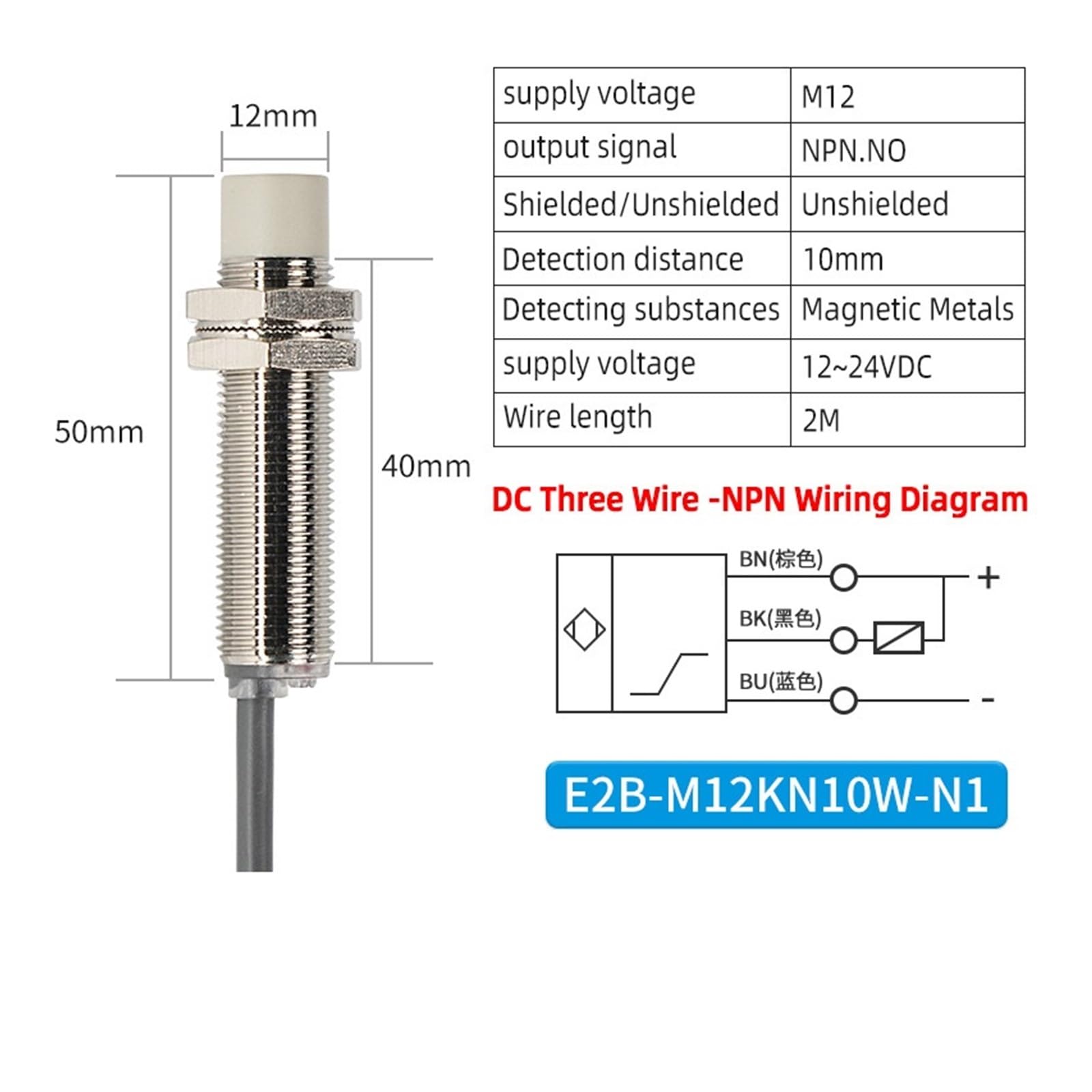 IP67 Wasserdichter, hochempfindlicher, induktiver Näherungsschalter mit großer Reichweite, M12-Bauform, dreiadrig, 24 V, Metallsensor(E2B-M12KN10W-N1)