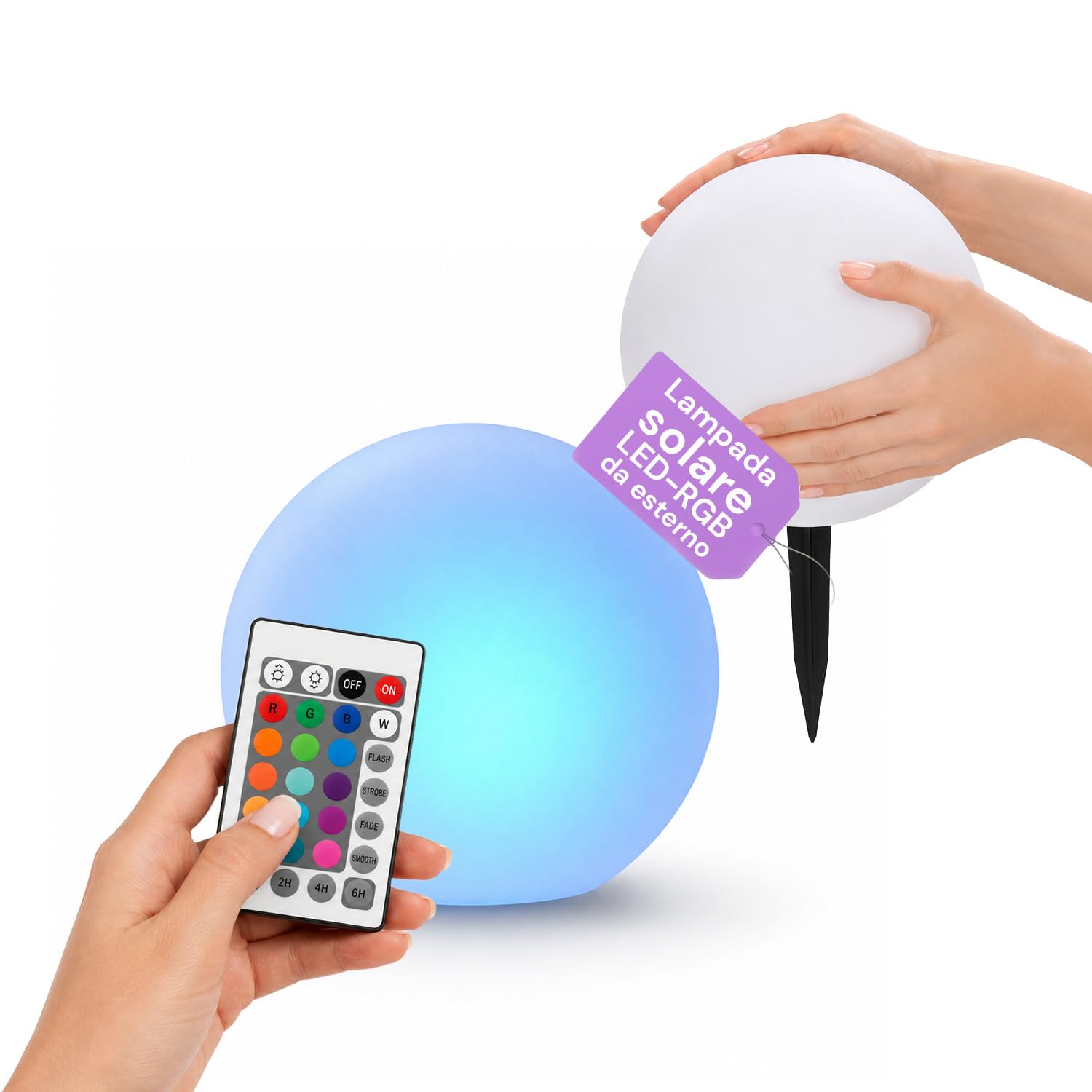 Sfera Solare da Giardino LED RGB + Bianca ø25 cm – Luci Solari da Esterno Decorative, 16 Colori, Telecomando IR, Picchetto Incluso, IP44, Batteria Li-ion