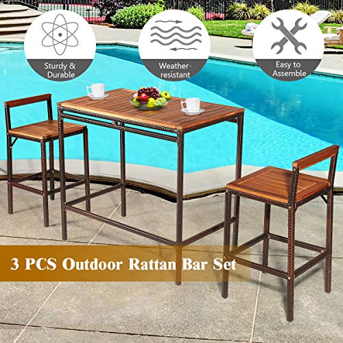 Tangkula 3 Pcs Patio Bar Table Set, Outdoor Rattan Bar Set Bistro Set With Acacia Wood Top, Wood Table Set With 2 Bar Chairs For Dining Room, Backyard, Patio And Balcony #TOP5