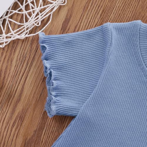 Image of Toddler Girl Clothes Summer Outfit Short Sleeve Shorts Set 12M-5T | Soft ribbed knit toddler girl outfit with breathable fabric, ruffle top, comfy shorts and stretchy fit for summer daily wear.