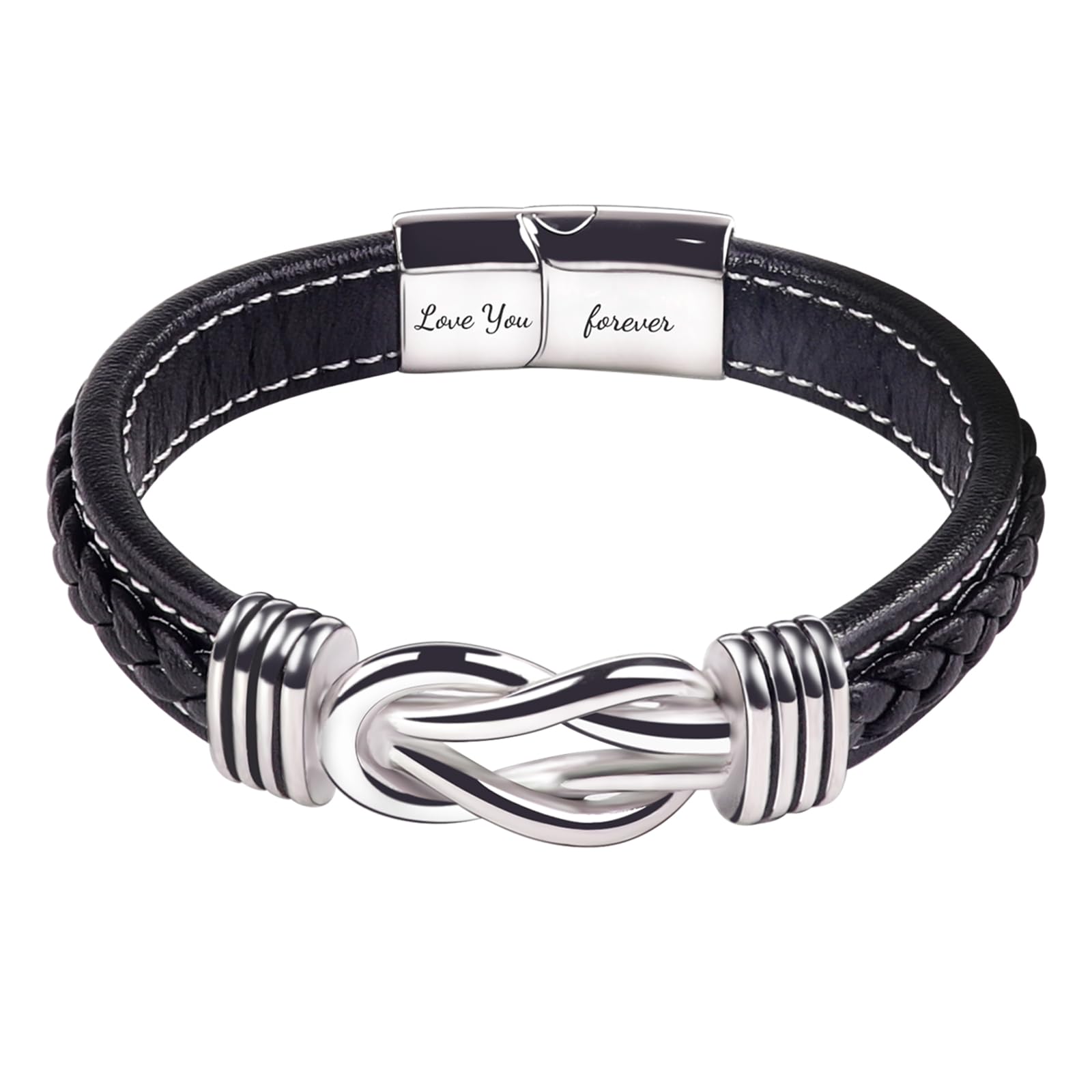 To My Son/Grandson Bracelet, Forever Linked Together Braided Leather Bracelet, Stainless Steel Magnetic Closure Leather Knot Cuff Wristband, Back to