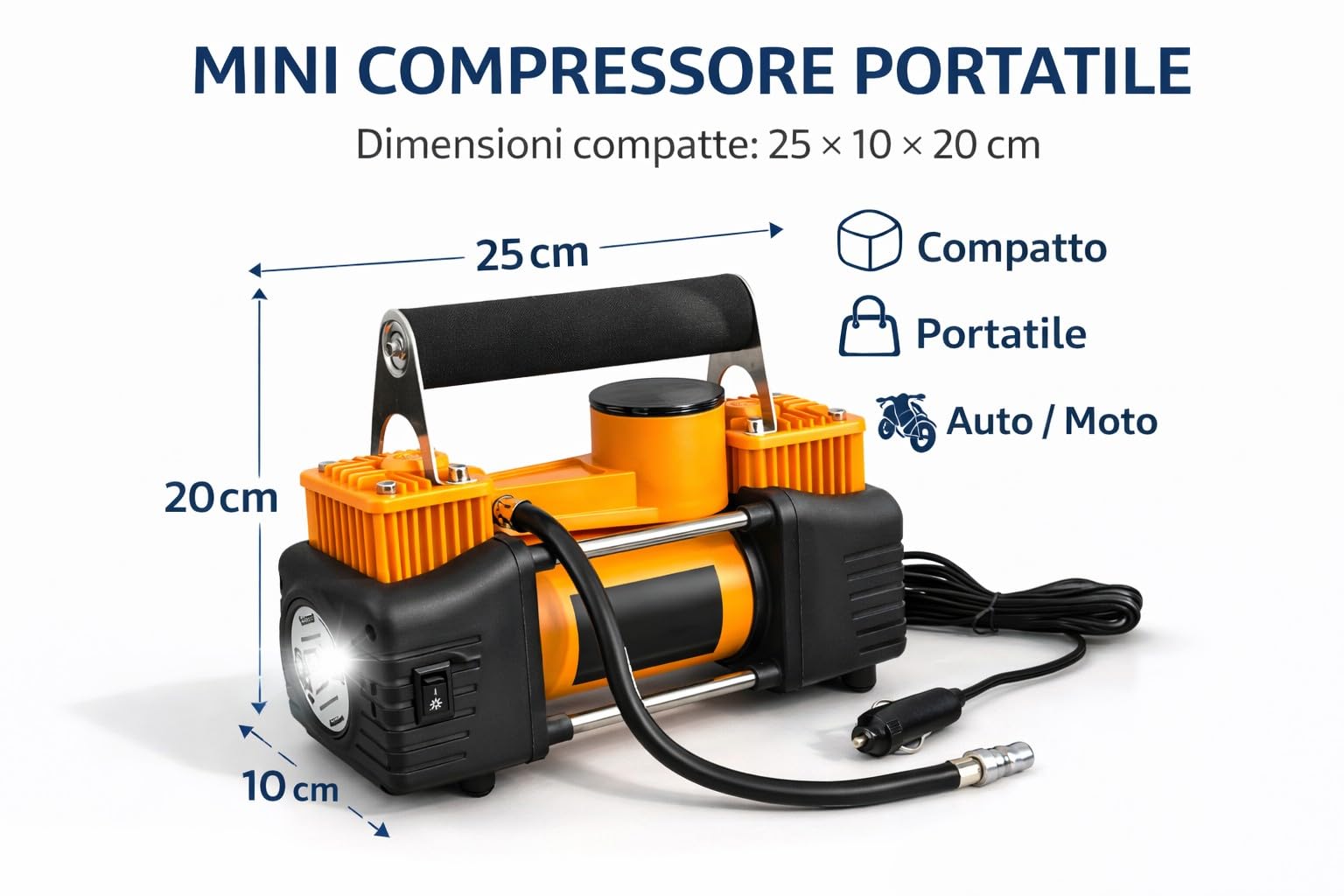 Mini Compressore Aria Portatile 12V 150 PSI Doppio Cilindro con Manometro e Tubo d'Aria Gonfiatore Pneumatici Auto SUV Camper 40L/min con Morsetti Batteria e Accendisigari + Borsa