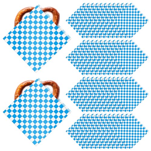 MotiMind 250 Pcs Soft Pretzel Bags Oktoberfest Party Supplies Bavarian Blue White Plaids Deli Wrappers Double Open Sandwich Paper Bags for Oily Snack Hamburger Wrappers German Beer Festival Supplies