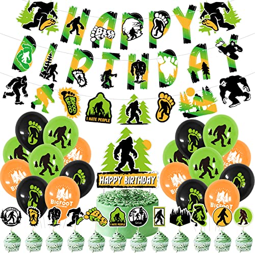 Bigfoot Birthday Party Supplies Set Bigfoot Banner Balloons Cake Topper, Flag Pulling Bigfoot Party Decoration Favors for Kids Man Sports Fan Birthday Party