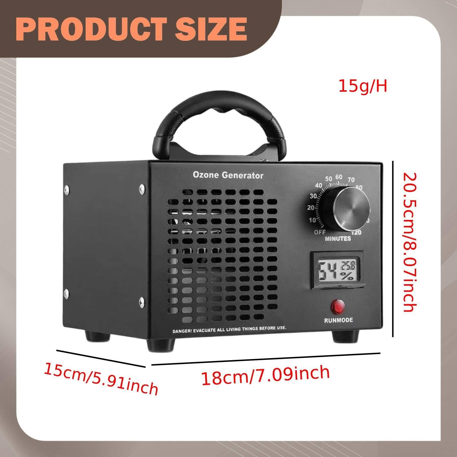 Generador de Ozono Portátil, Purificador de Aire Silencioso, Fabricado en Metal Y Polipropileno, Elimina Olores en Cocinas Y Baños, 15g per H