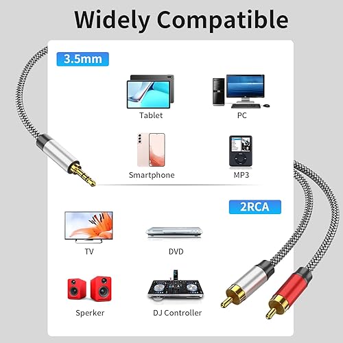 Miniatura 2 de Cable de audio de 3.5 mm a 2 RCA, adaptador auxiliar, cable divisor estéreo, cable auxiliar RCA en Y para smartphone, altavoces, tableta, televisión