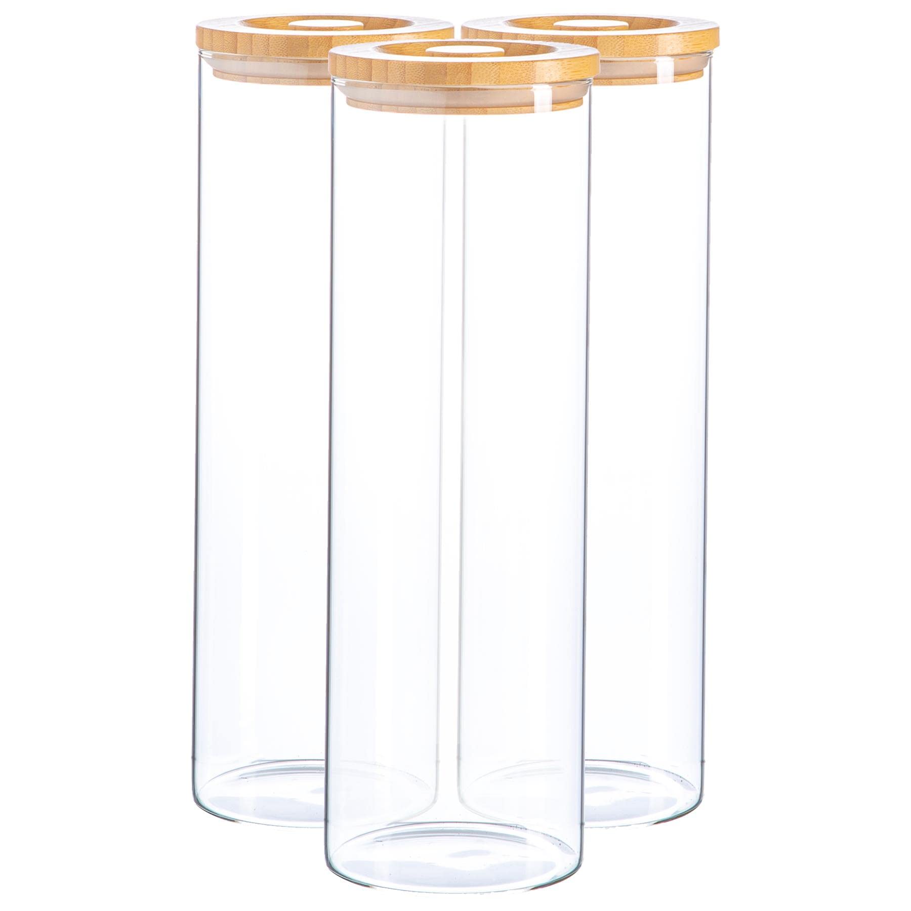 Argon Tableware Brown Scandi Storage Jars With Wooden Lids - 3 Pack - Modern Round Organisation Container Glass Jar For Kitchens, Pantry, Bathrooms, Utility Rooms 2000Ml