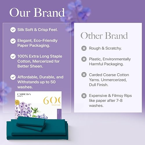 Miniatura 6 de Carressa Linen Juego de sábanas de lujo de algodón egipcio de 4 piezas, tamaño King, sábanas bajeras y planas de 600 hilos, sábanas bajeras y planas