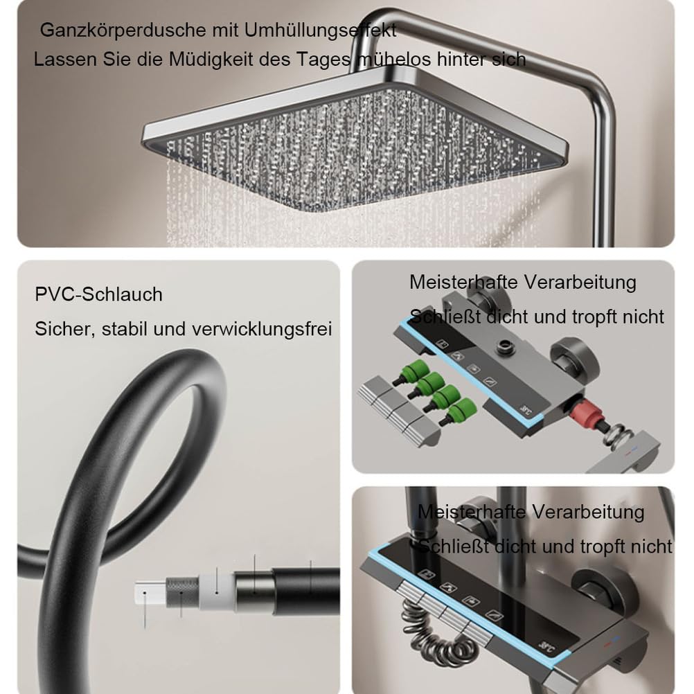 Saliscendi Doccia 4 Tasti, soffione Quadrato per Bagno Domestico | Finitura metallo grigio metallizzato, 4 modalità acqua a tasti,Soffione quadrato, altezza regolabile per bagno casa