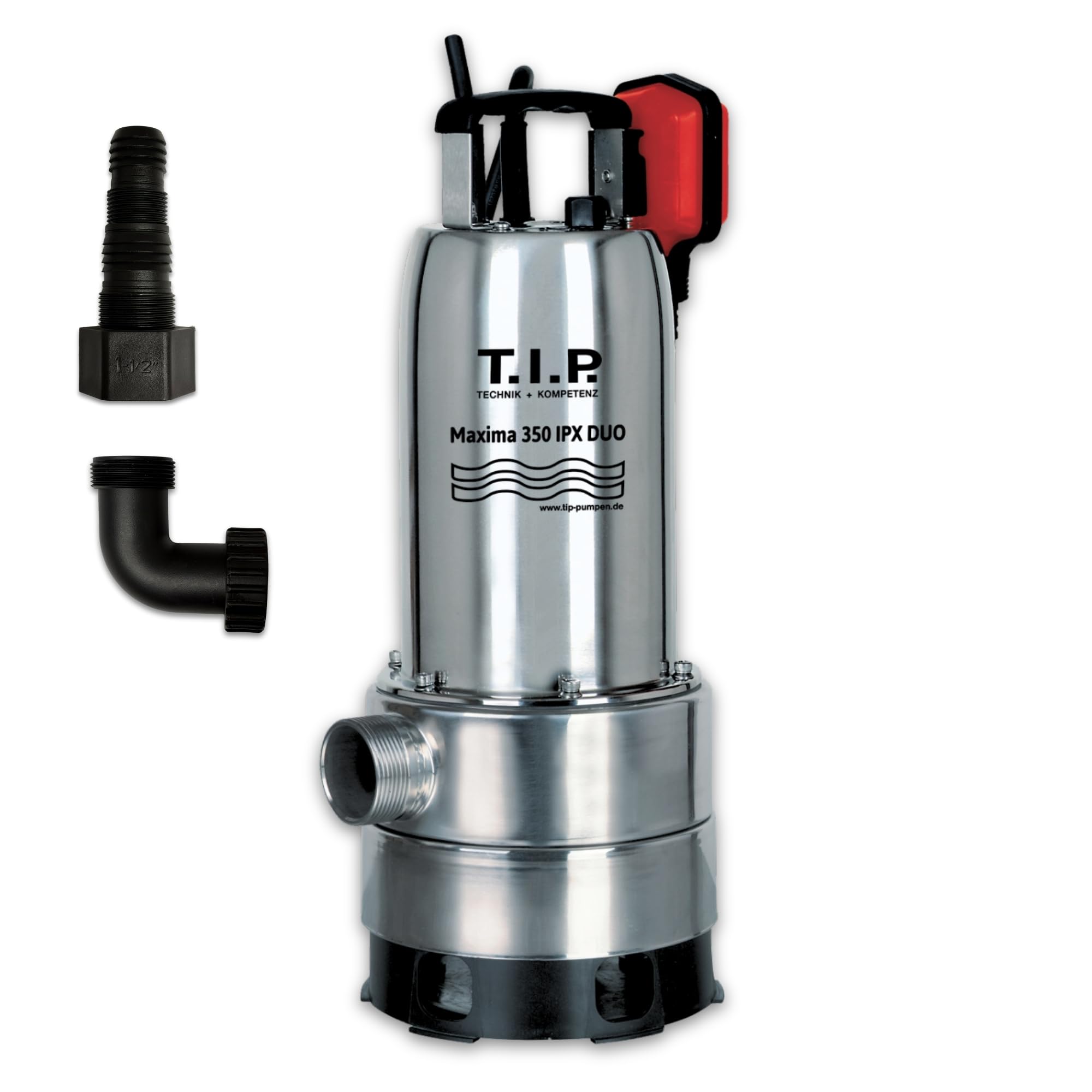 T.I.P. Maxima 350 IPX Pompe Submersible pour Eaux Usées en Acier Inoxidable avec Pied Extensible et Poignée Débit 20000 l/h Hauteur de Refoulement 8 m Puissance nominale 800 Watts Couleur Argent
