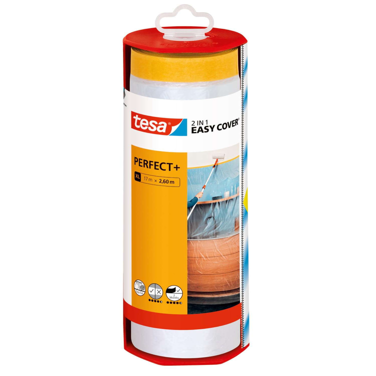 tesa Easy Cover Perfect+ Dispenser XL - 2in1 masking film with Washi tape and dispenser - for clean, precise cuts - with blade cover - 17 m x 2.60 m