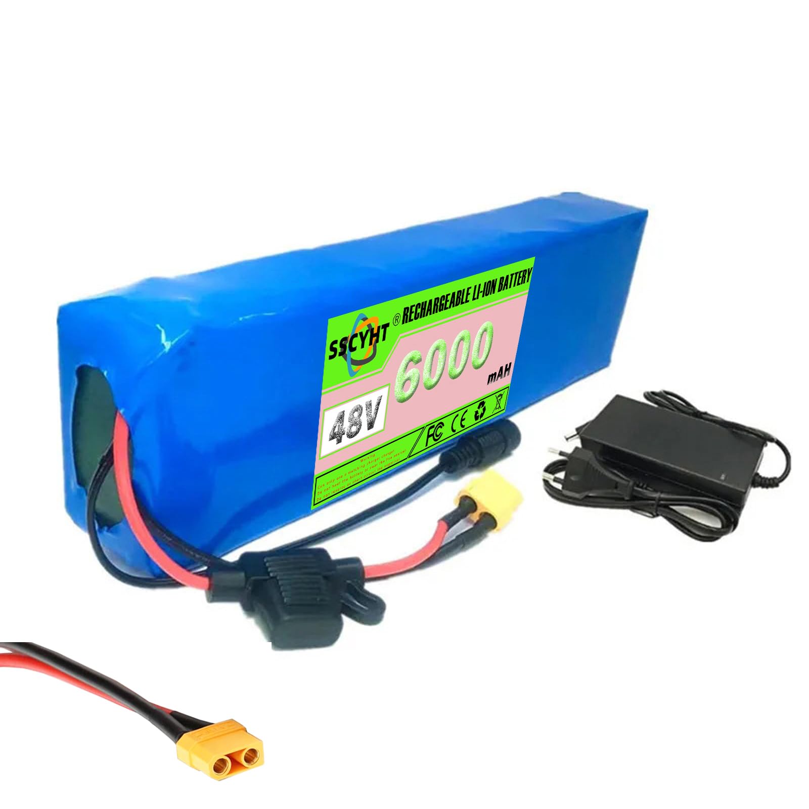 SSCYHT 48V 6AH Lithium Battery Pack 13S2P E-Bike Battery for 250W 300W Electric Bicycle Motor Waterproof PVC Battery Replacement E-Bicycle Battery with Charger