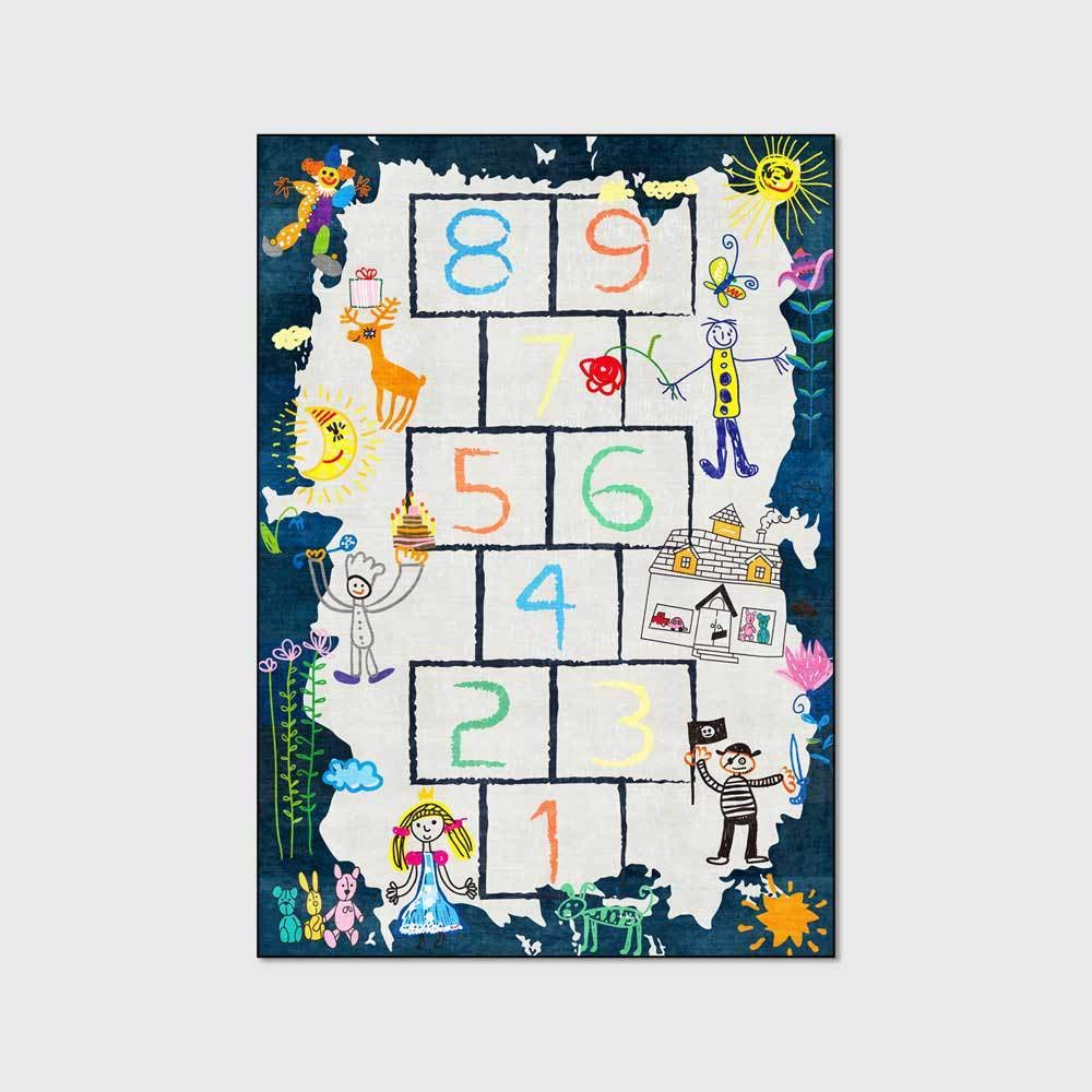 Tapis de Chambre d'enfant Marelle numérique Aquarelle -Chambre, Salle de Jeux, Jeux familiaux 80x160cm