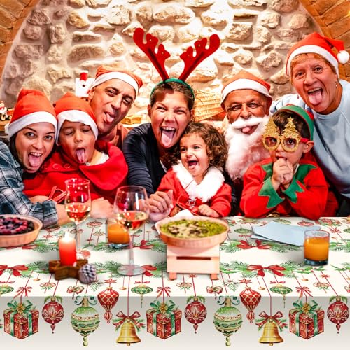 Frienda 3 Pack Christmas Plastic Tablecloth Xmas Table Cover Disposable Rectangle Holiday Xmas Tablecloth for Christmas Party Decorations Supplies, 54 x 108 Inch (Ball) – Image 6