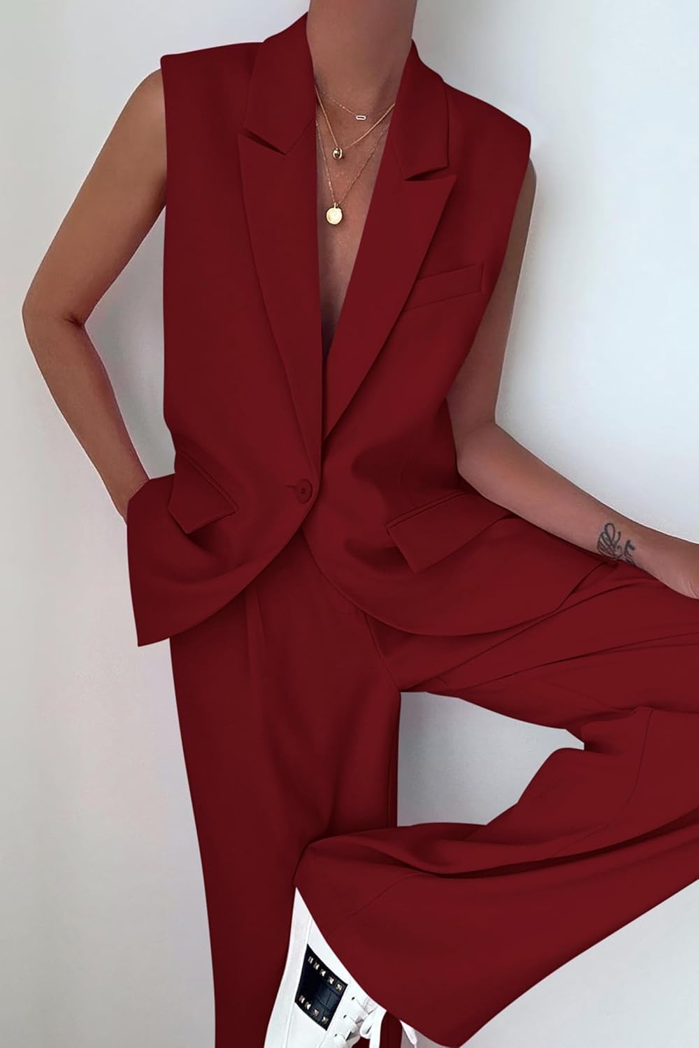 PRETTYGARDEN Women's 2 Piece Outfits Sleeveless Suit Vest and Wide Leg Pants Business Casual Blazer Sets - (color: Wine Red, size: X-Large)