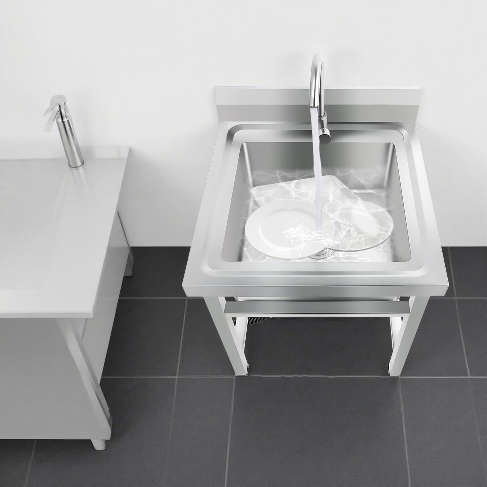 Lavello autoportante, per esterni, in acciaio inox, con rubinetto, multifunzione, per giardino, campeggio, officina e gastronomia, 60 x 60 x 93 cm