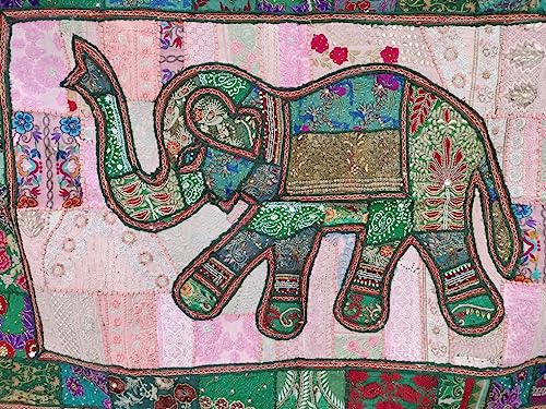 Image of Ekam Art Rajasthani Handmade Heavy Elephant Embroidery Cotton Patchwork Tapestry Cotton Wall Decor Hanging Beaded Tapestries Home Living Room Decor 40 x 60 Inch (Green)