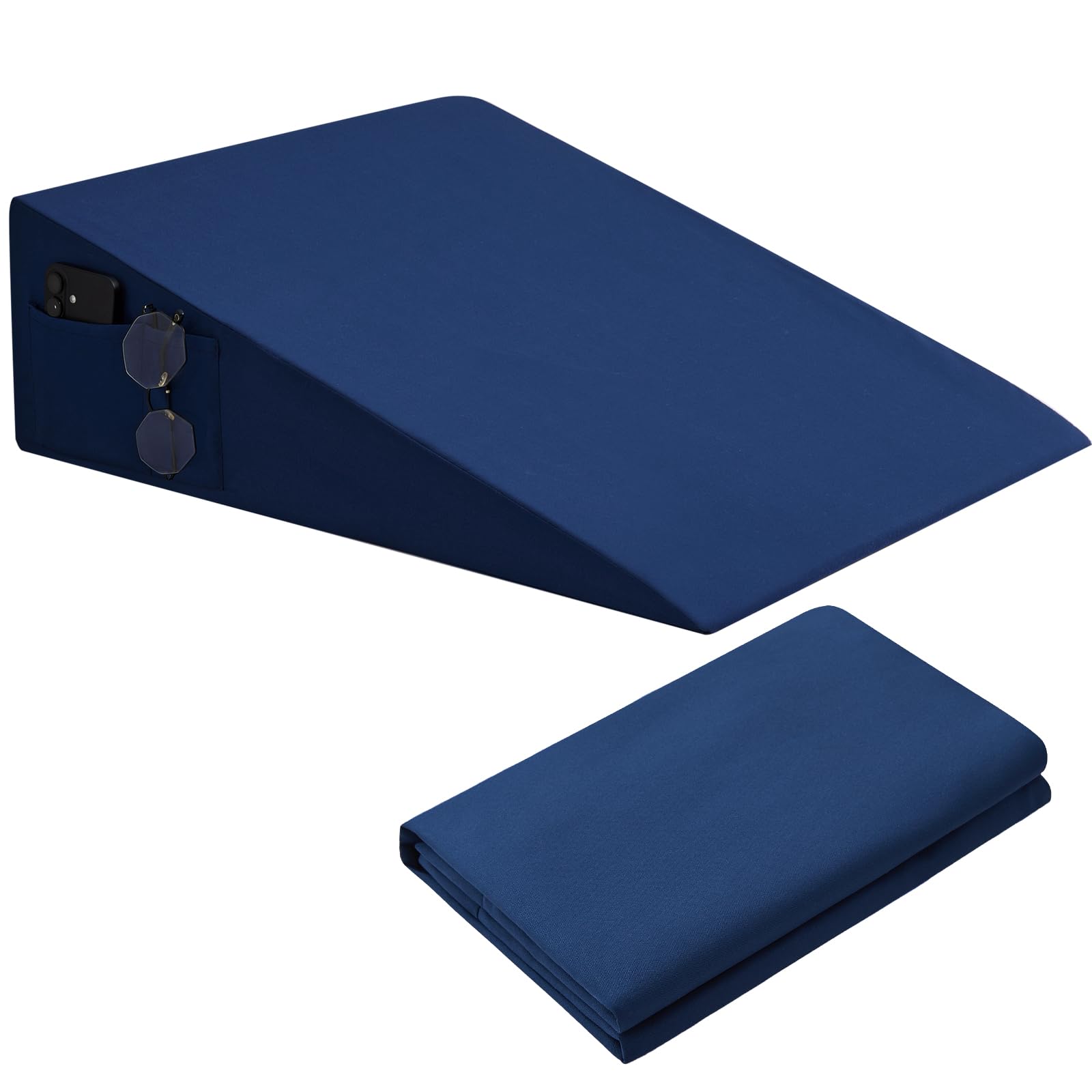 INVGEEXI Navy Blue Bed Wedge Pillow Cover with Side Pocket, Soft & Breathable Microfiber Wedge Pillow Case Cover with Zipper, 25" L x 25" W x 8" H (Pillow Not Include)