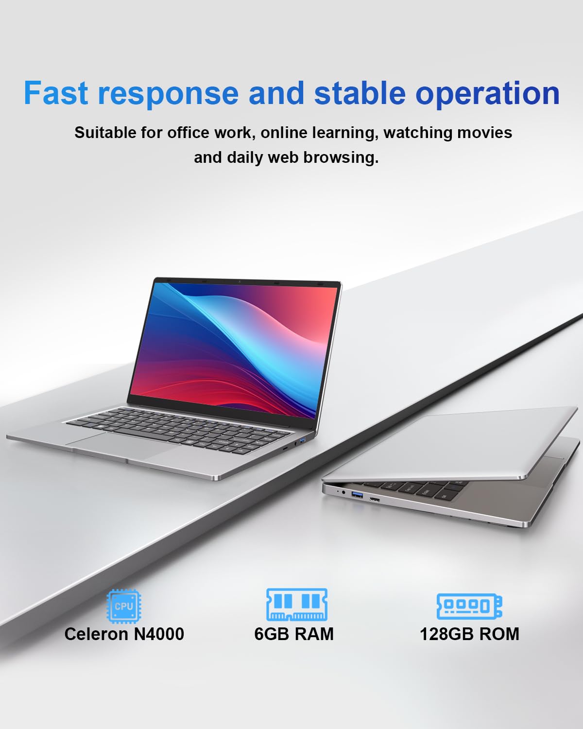 Ordinateur Portable 14 pouces 2 cœurs (jusqu’à 2,6 GHz) PC Portable 6 Go DDR4 128 Go SSD, WiFi 5G, Mini-HDMI, Design Sans Ventilateur Computer, Idéal pour Étudiants, Entreprise – Souris Incluse
