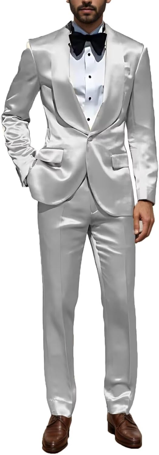 Men's Silk Satin Suits 2 Piece Casual Suit for Men Slim Fit Shiny Tuxedo Suit Blazer Jacket Pants Sets for Wedding Party Prom