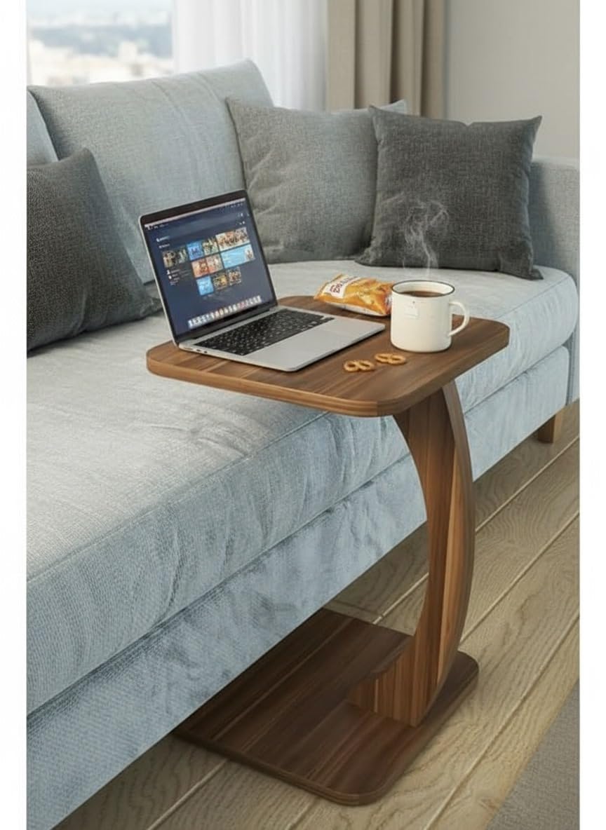 Modern C-Shaped Wooden Sofa Side Table for Living Room | Multipurpose Laptop Table for Couch | Bedside Coffee Table | Space Saving Snack Table for Home & Office | Stylish Portable End Table-image-19