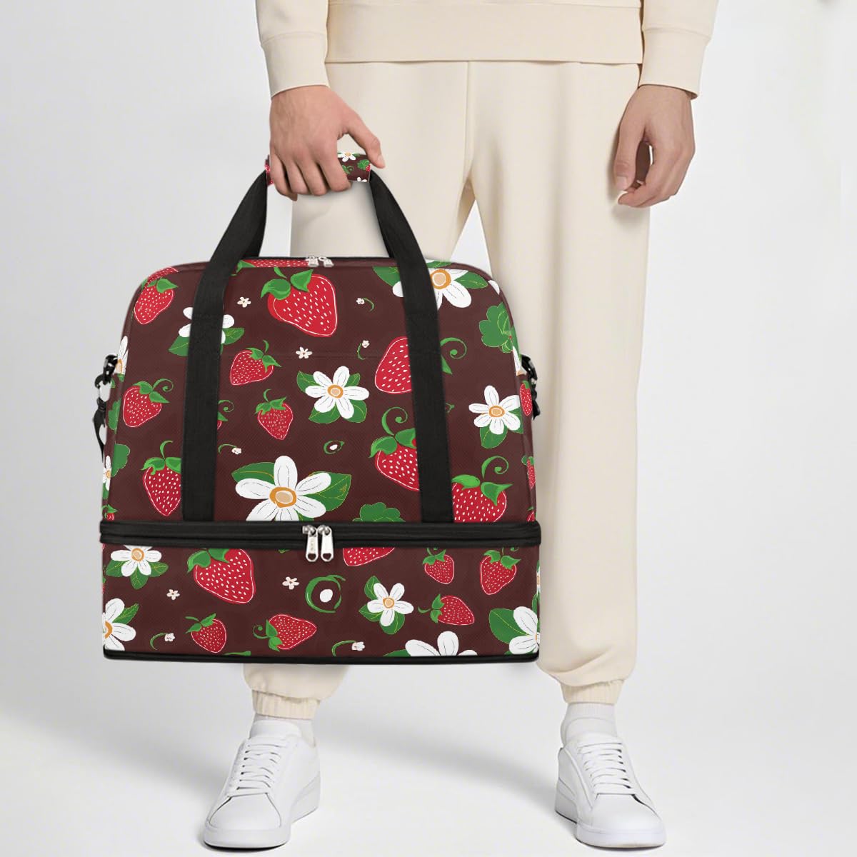 Borsone da viaggio pieghevole con grazioso fiore di fragola, espandibile, con scomparto per scarpe, grande capacità, borsa da weekender, per viaggi, sport, viaggi notturni