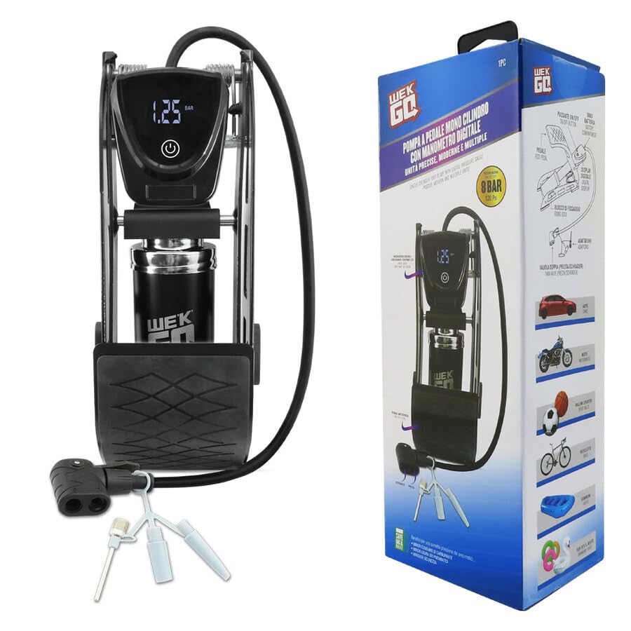 WEKGO Pompa a Pedale Auto/Bici con Manometro Digitale Precisione | Gonfiatore Universale 8 BAR / 120 PSI per Pneumatici, Palloni, Gonfiabili | Valvole Presta/Schrader, Tubo Lungo 58cm