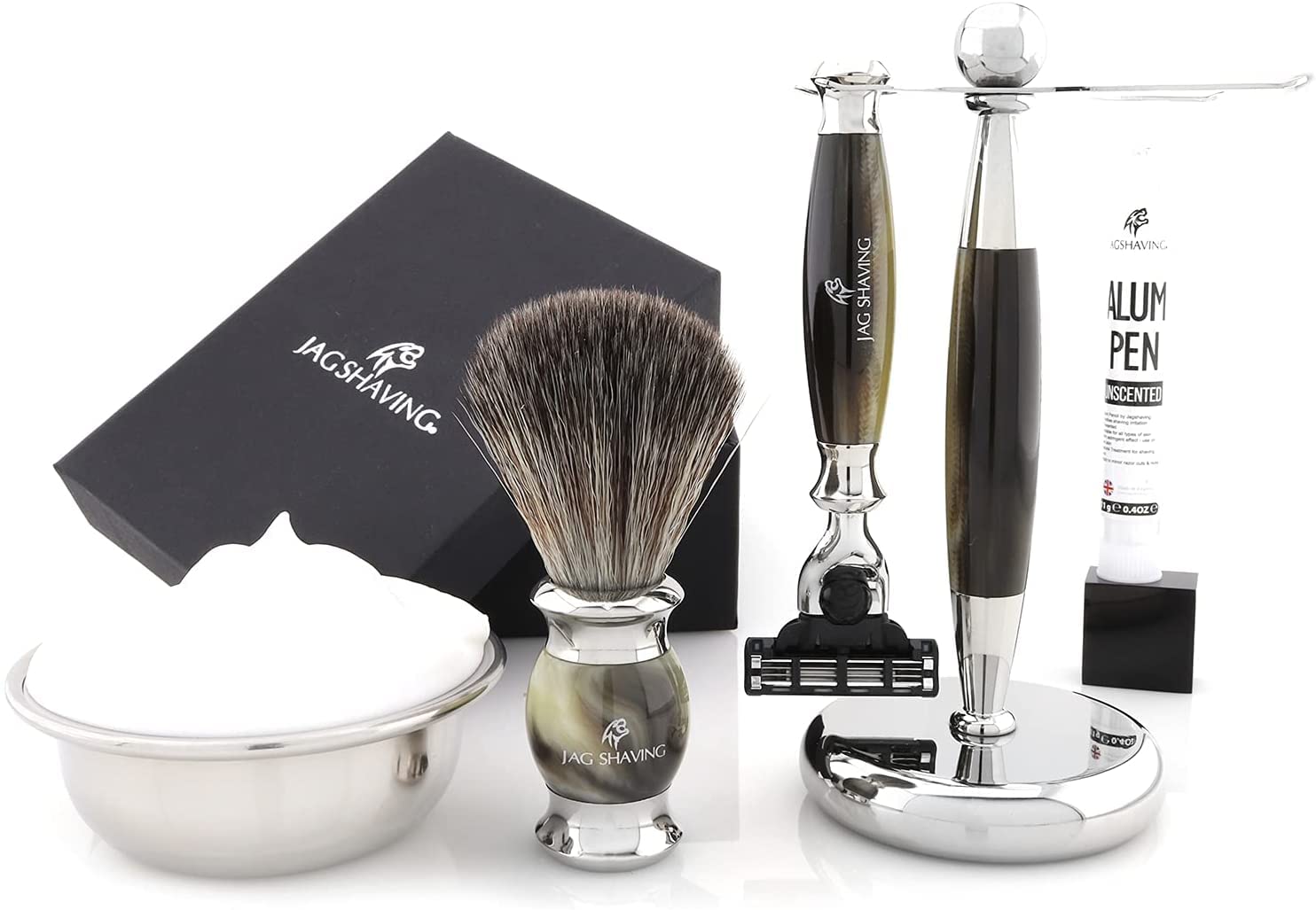 Jag Shaving Jag's Lee Range zestaw do golenia – 3-częściowy zestaw do golenia – syntetyczny pędzel do golenia ze srebrnymi końcówkami – 3 bezpieczne golarki – stojak do golenia – imitacja zielonego