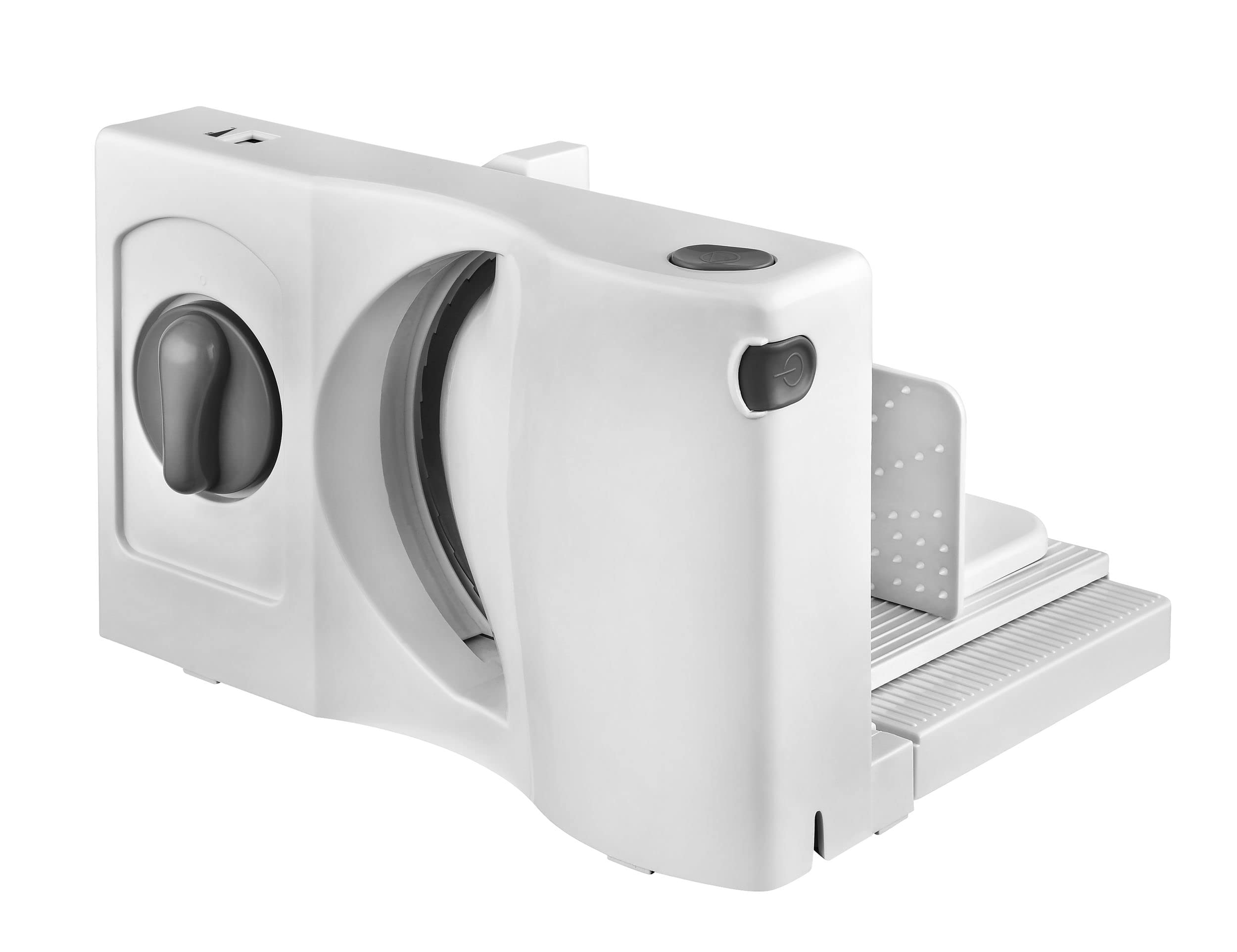 KALORIK TKG AS 1004 WH PL Allesschneider, 17 cm Messer, elektrisch, klappbar, einstellbar 0-15mm, für Gemüse, Brot und Aufschnitt, 100 W, Weiß