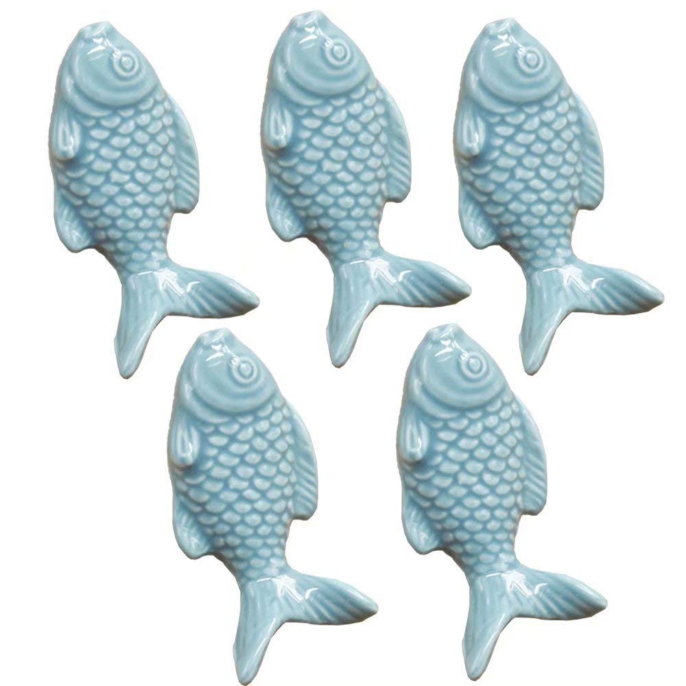 FirstDecor 5PCS Vintage Ceramic Door Knob Fish Shape Locker Pull Handles Drawer Cupboard Cabinet Knobs Wardrobe Home Kitchen Hardware-Blue