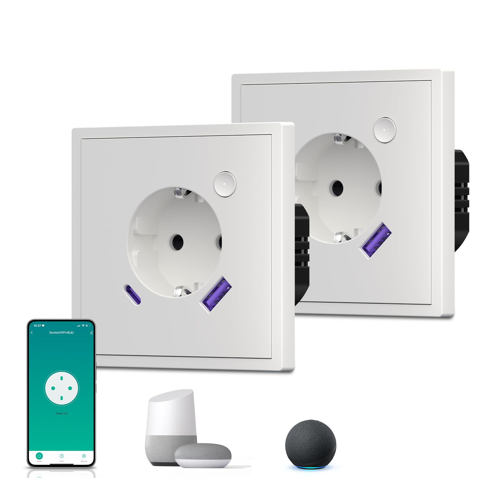 BSEED Enchufe Inteligente con 20W USB y Tipo C,Mate Enchufe Pared Wifi con Medidor Consumo,Control Remoto por APP & Voz,Requiere Cable Neutro,1 Enchufe,Blanco 86mm — view 113