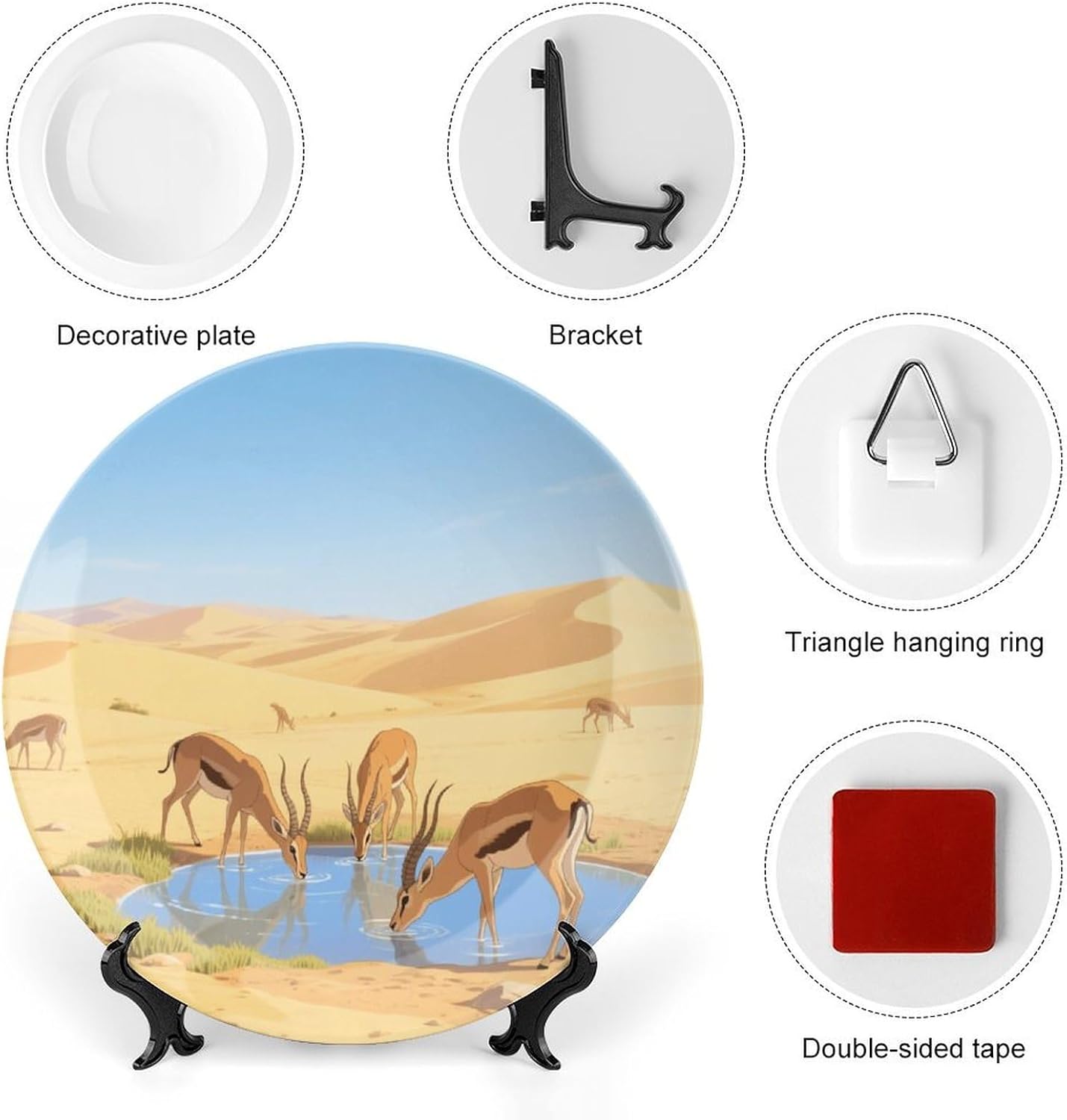 Bone China Decorative Plates Antelope Drinking Water Ceramic Decorative Plate Wall Decor with Display Stand Ceramic Ornaments for Wall Hanging Decoration