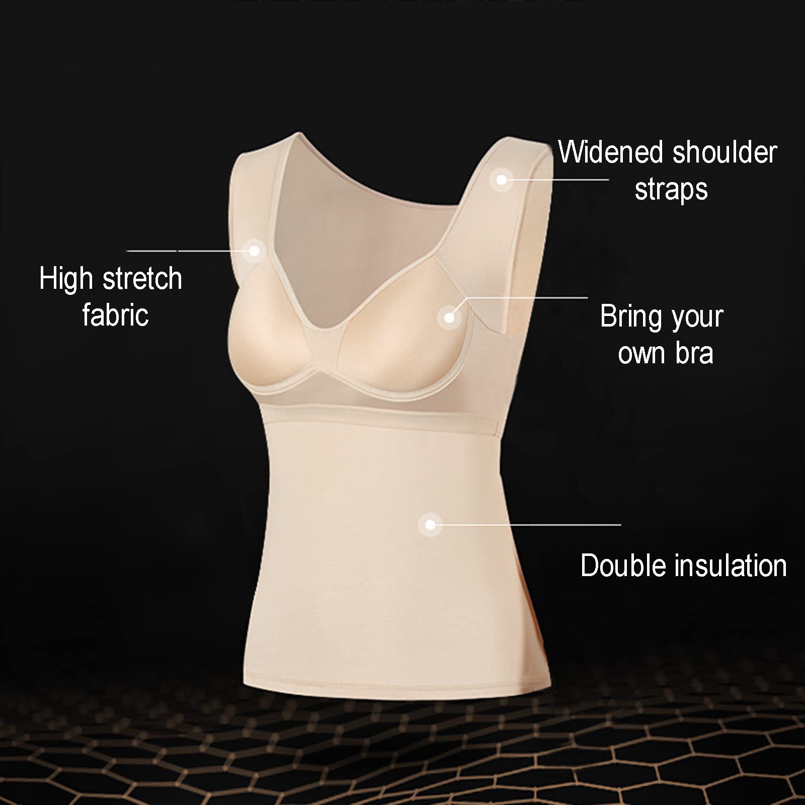 Damska bielizna termiczna Vest Top, bez rękawów, dekolt w serek, elastyczna dwustronna podkoszulek z puchu, warstwa podstawowa Camisole Bielizna nocna, w zestawie ze zintegrowanym T-shirtem z wkładk